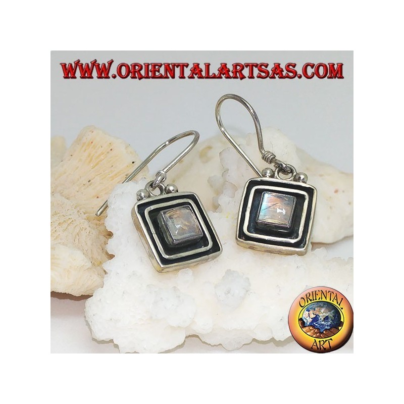 Silver earrings with square rainbow moonstone surrounded by a double raised frame