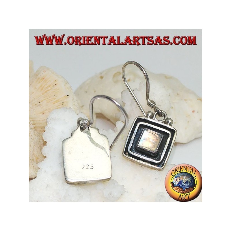 Silver earrings with square rainbow moonstone surrounded by a double raised frame