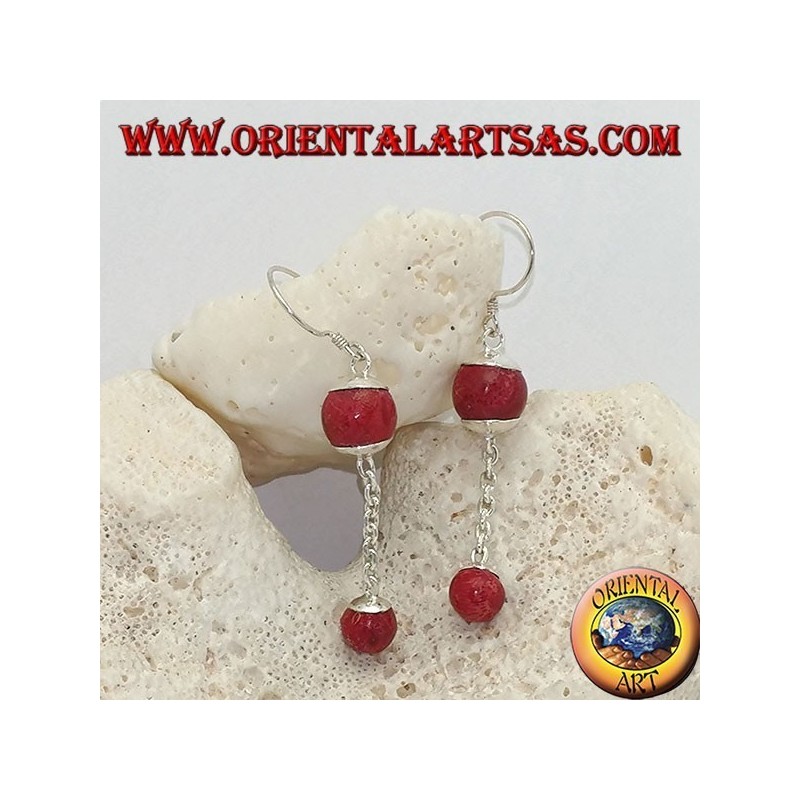 Orecchini in argento pendenti con doppia pallina di madrepora rossa (corallo) e catenina in argento