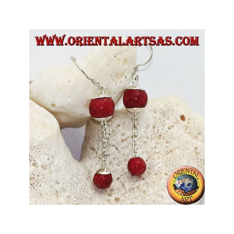 Orecchini in argento pendenti con doppia pallina di madrepora rossa (corallo) e catenina in argento