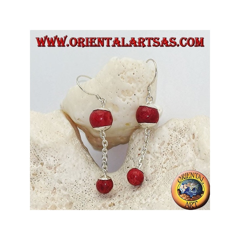 Pendientes colgantes de plata con doble bola de madrepora roja (coral) y cadena de plata