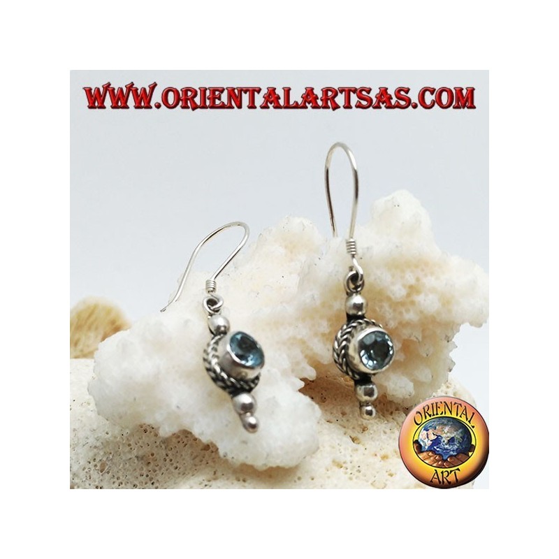 Round blue topaz silver earrings surrounded by interlacing and a small ball above and two below