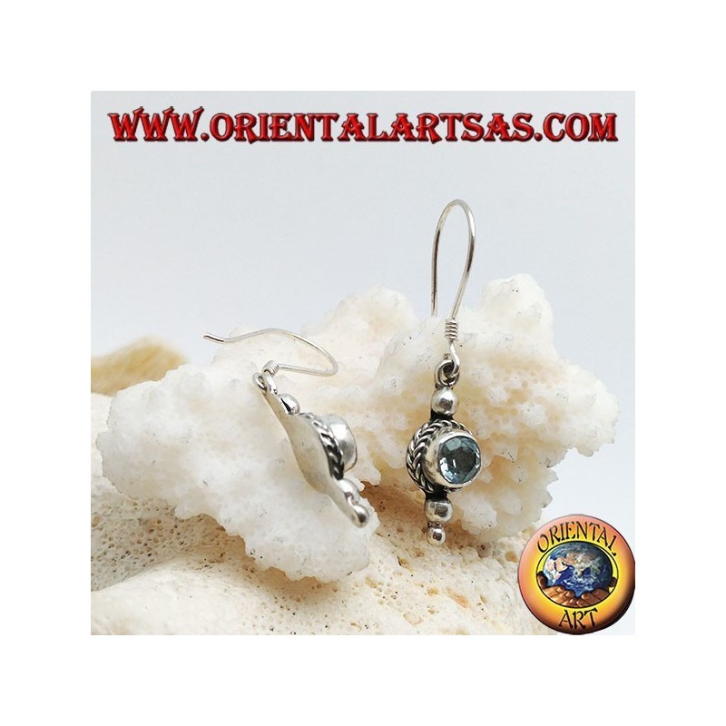 Round blue topaz silver earrings surrounded by interlacing and a small ball above and two below