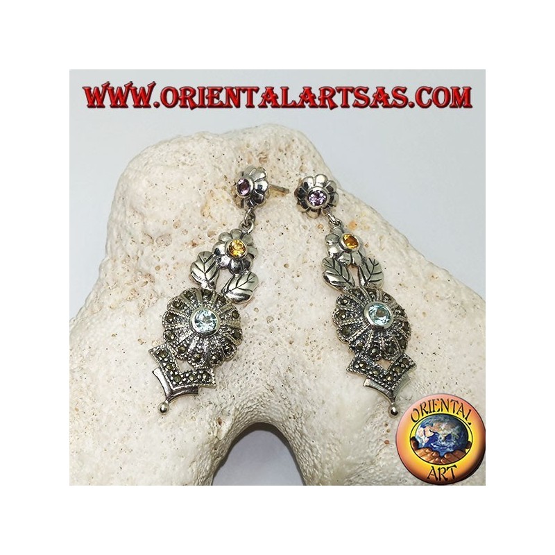 Silver earrings with three amethyst, topaz and aquamarine flowers and floral decorations with marcasite