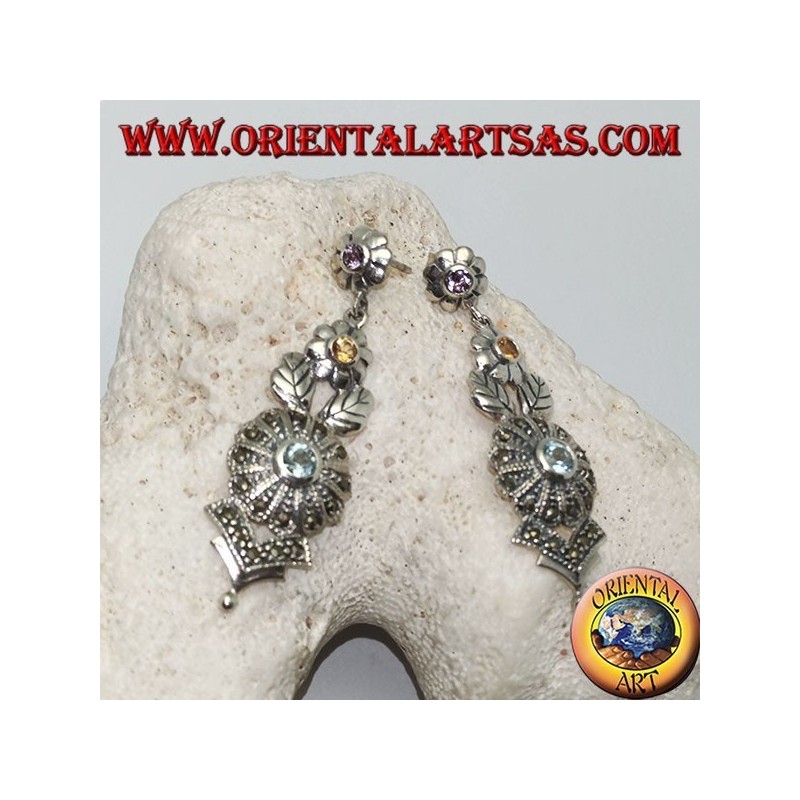 Silver earrings with three amethyst, topaz and aquamarine flowers and floral decorations with marcasite