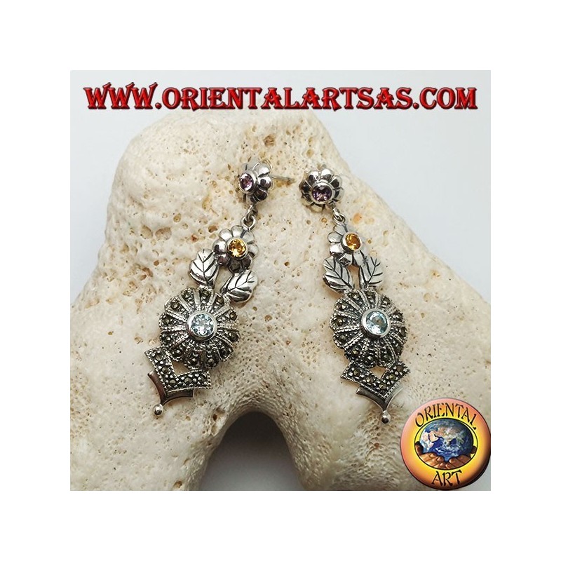 Orecchini in argento con tre fiori in ametista, topazio e acquamarina e decorazioni floreali con marcassite