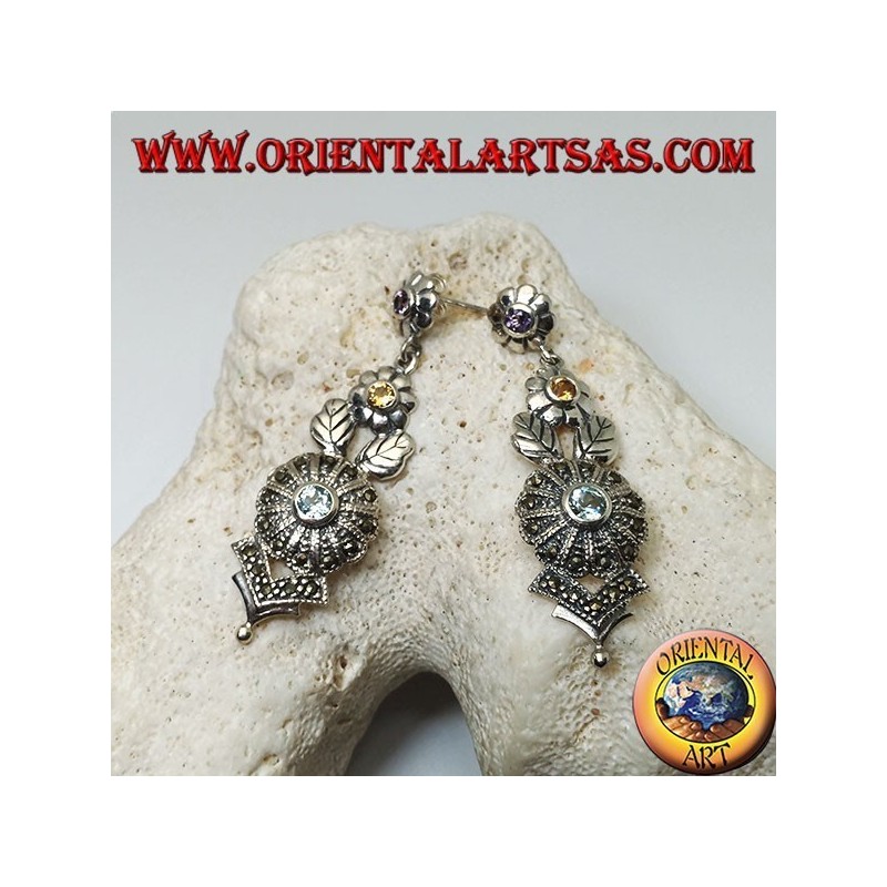 Silver earrings with three amethyst, topaz and aquamarine flowers and floral decorations with marcasite