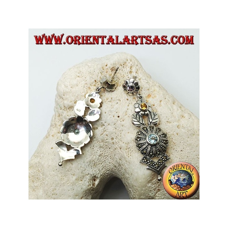 Pendientes de plata con tres flores de amatista, topacio y aguamarina y decoraciones florales con marcasita.