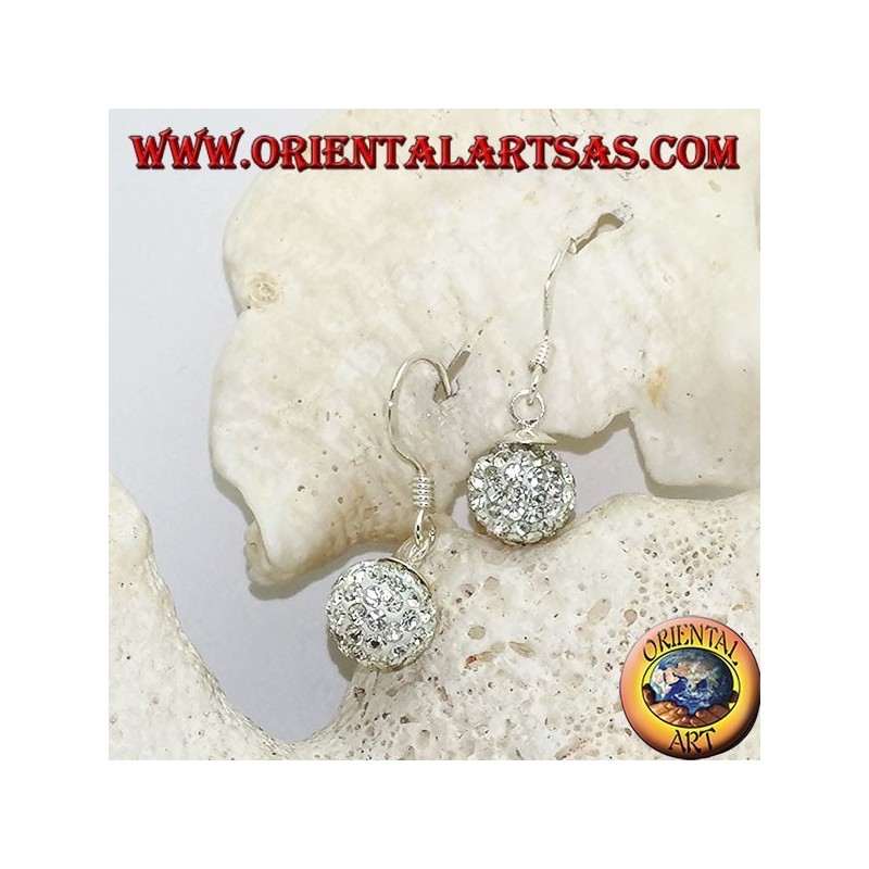 Silver earrings with sphere studded with hanging white zircons