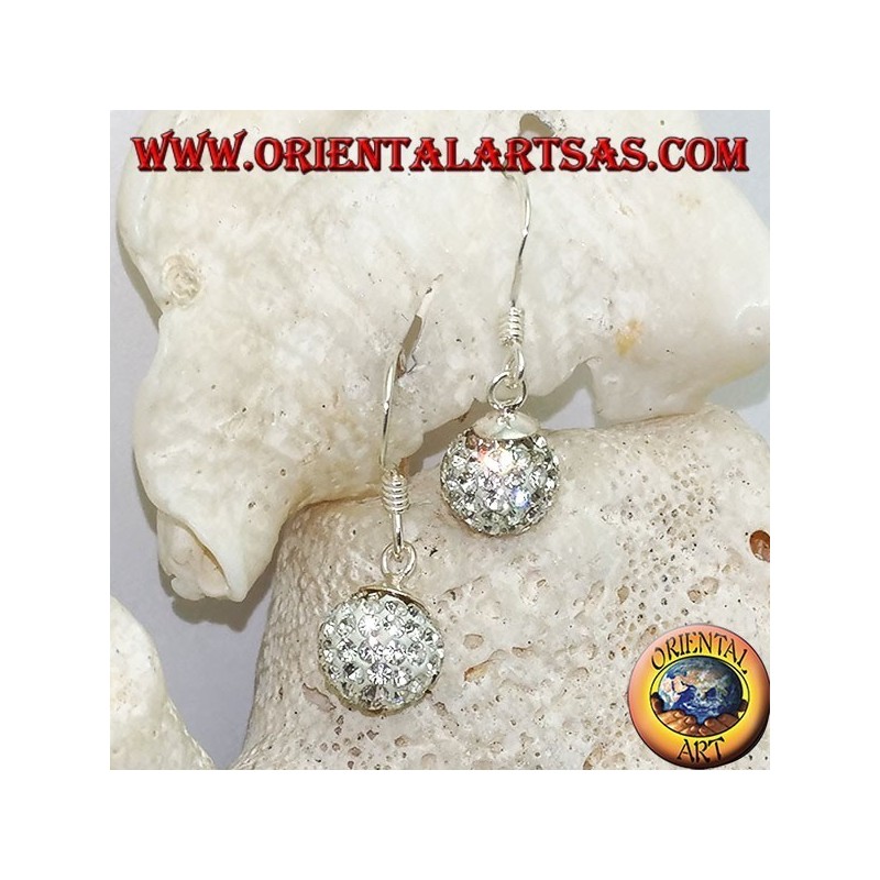 Silver earrings with sphere studded with hanging white zircons