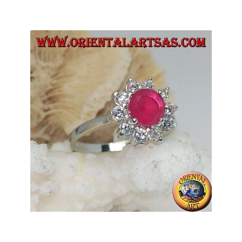 Silver flower ring with synthetic round ruby with embedded white zircon petals