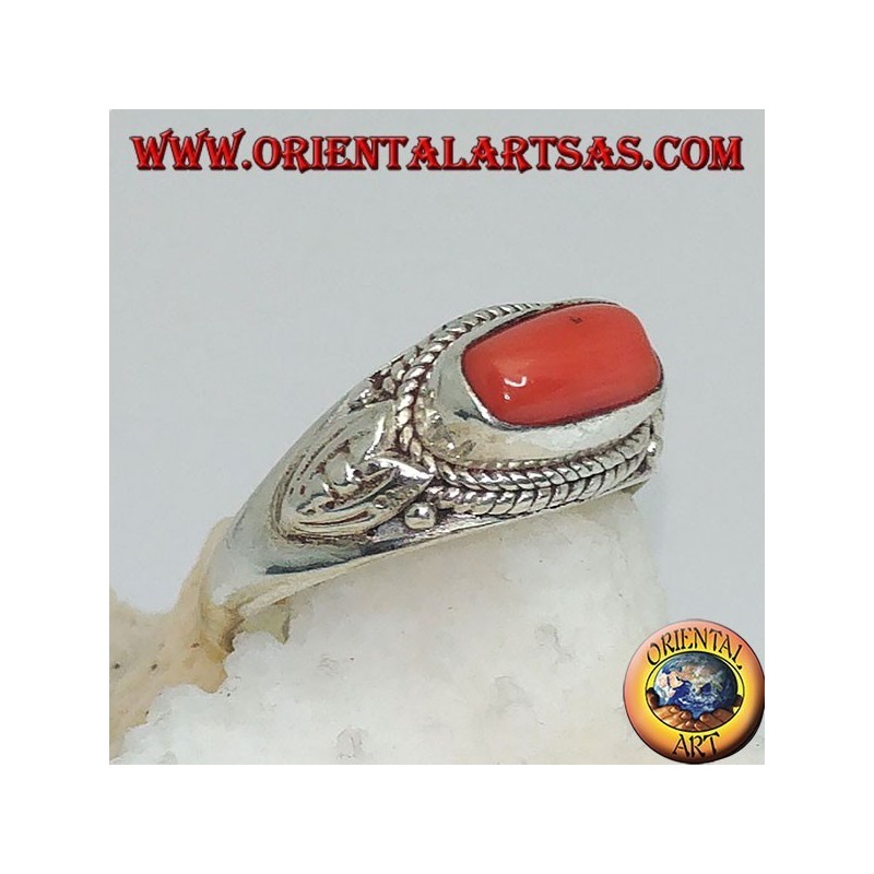 Silver ring with natural coral and surrounded by lotus flower petals decorations