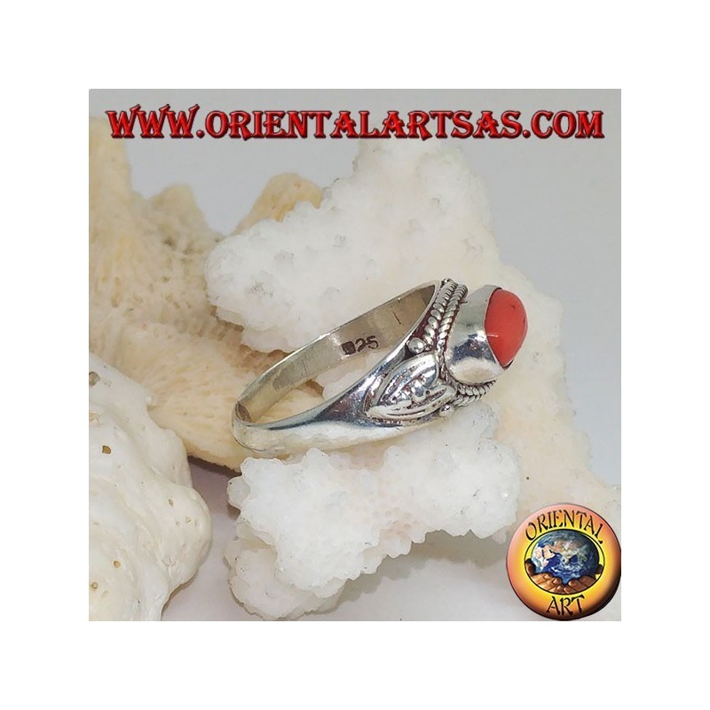Silver ring with natural coral and surrounded by lotus flower petals decorations