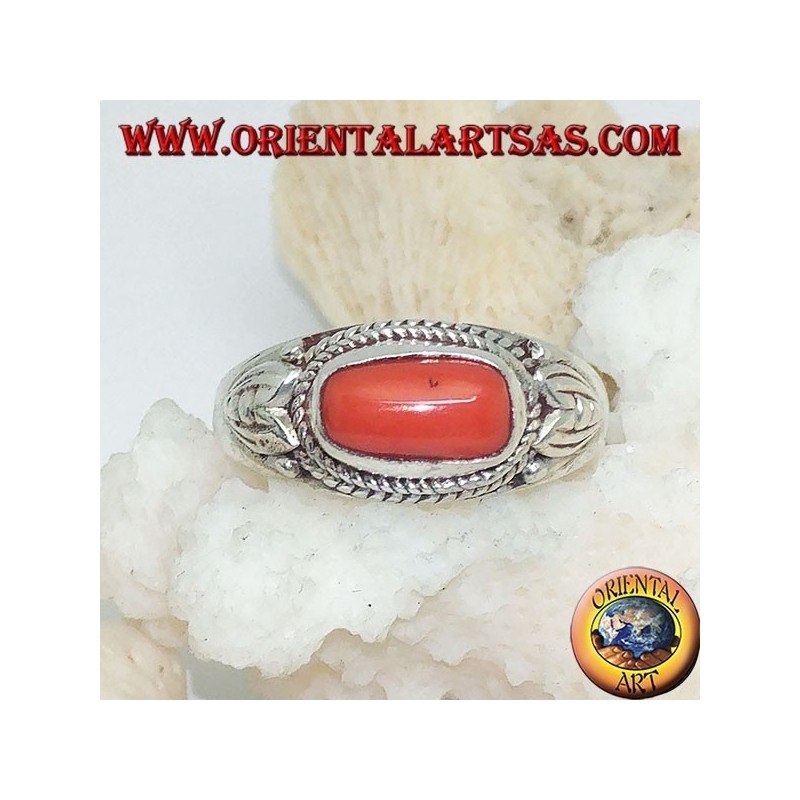 Silver ring with natural coral and surrounded by lotus flower petals decorations