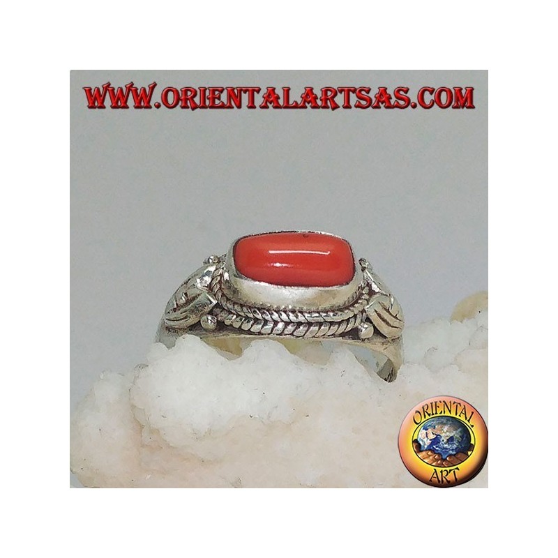 Anillo de plata con coral natural a través (hecho a mano)