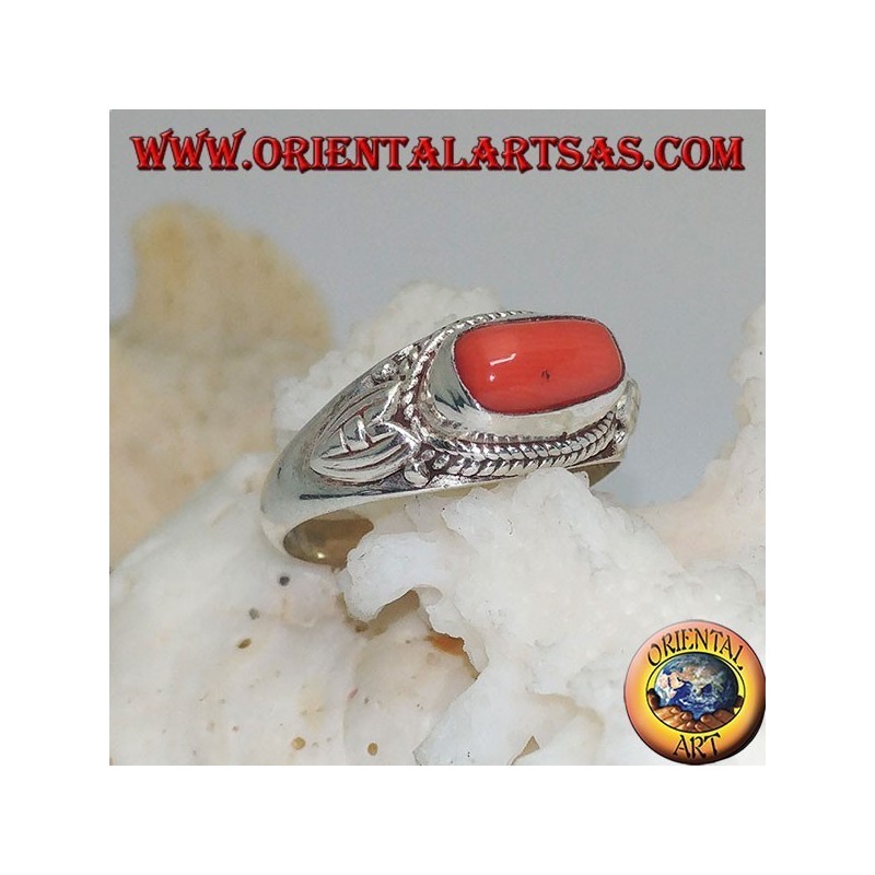 Anillo de plata con coral natural a través (hecho a mano)