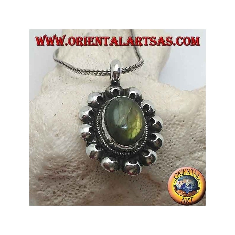 Silver flower pendant with oval cabochon labradorite surrounded by perforated discs