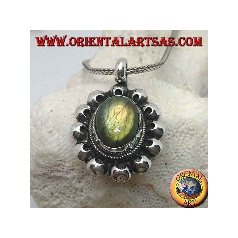 Silver flower pendant with oval cabochon labradorite surrounded by perforated discs