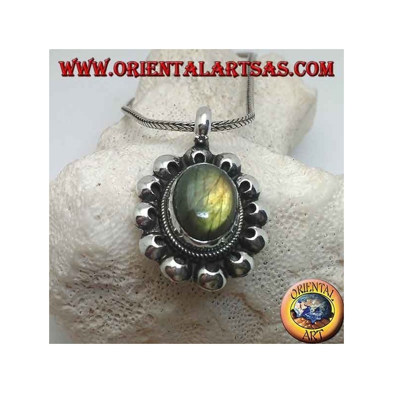 Silver flower pendant with oval cabochon labradorite surrounded by perforated discs