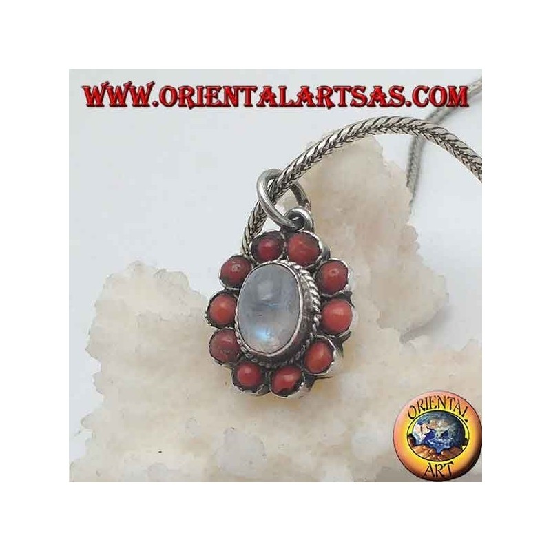 Pendentif fleur en argent avec cabochon de pierre de lune arc-en-ciel et corail tibétain avec pétales