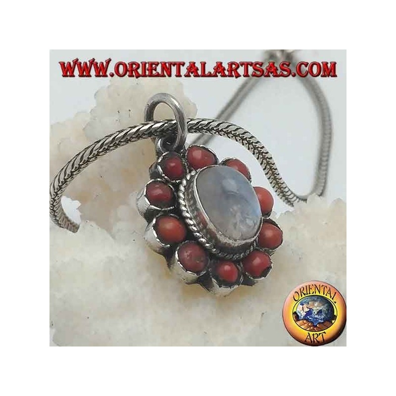 Silver flower pendant with rainbow moonstone cabochon and tibetan coral with petals