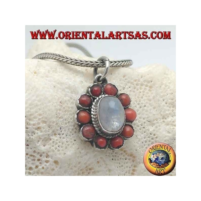Pendentif fleur en argent avec cabochon de pierre de lune arc-en-ciel et corail tibétain avec pétales