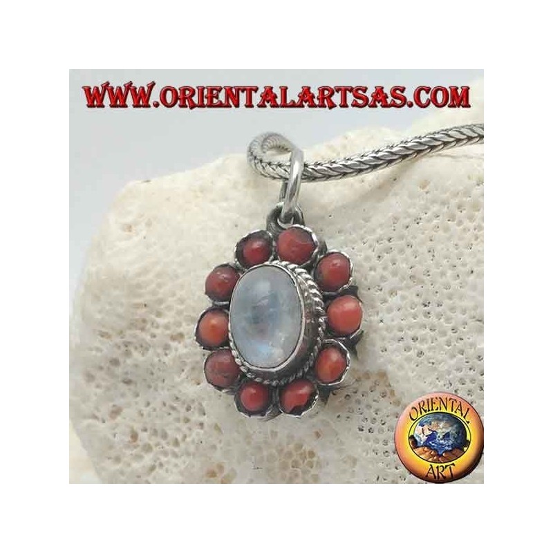 Silver flower pendant with rainbow moonstone cabochon and tibetan coral with petals