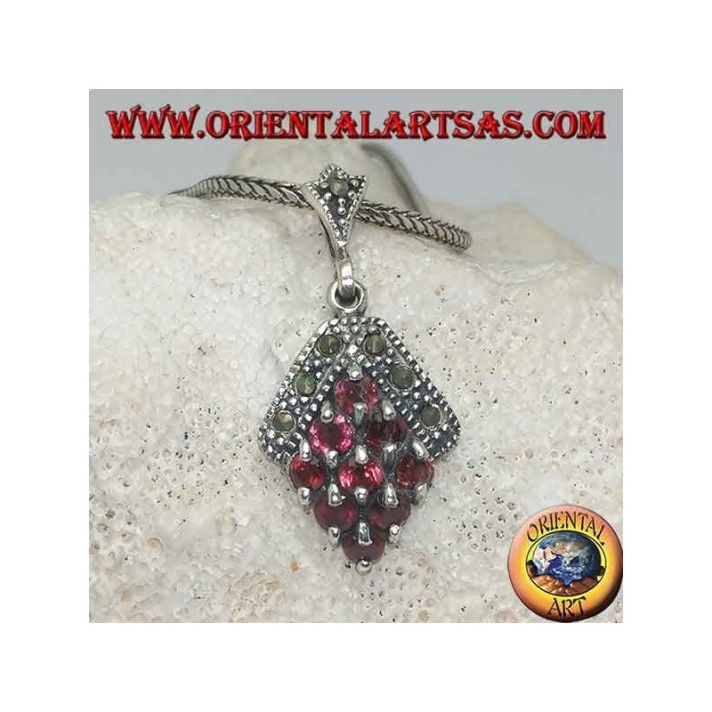 Silver rhombus pendant with nine garnets and surrounded by marcasites at the top