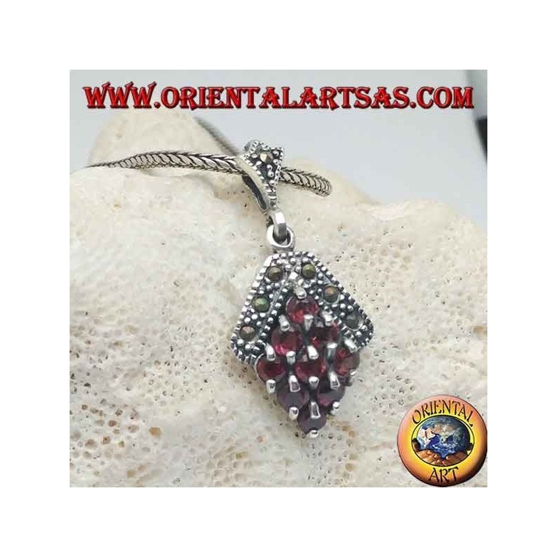 Silver rhombus pendant with nine garnets and surrounded by marcasites at the top