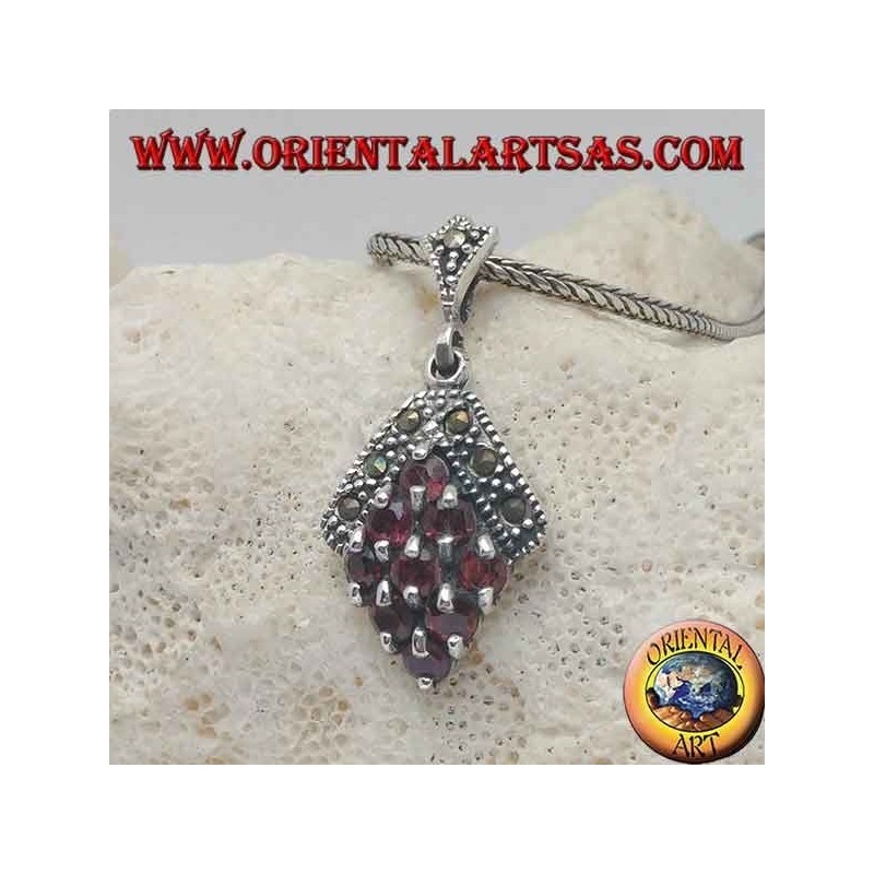 Silver rhombus pendant with nine garnets and surrounded by marcasites at the top