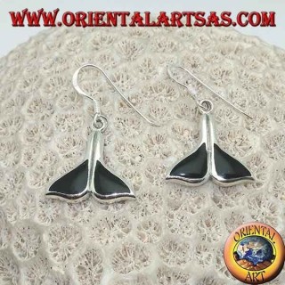 Silver earrings in the shape of a whale tail with onyx