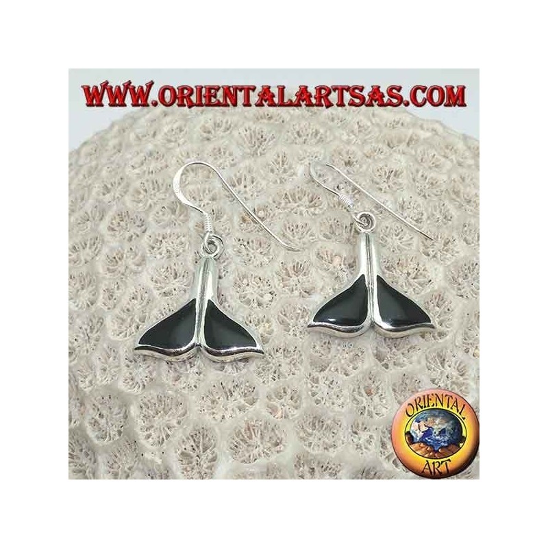 Silver earrings in the shape of a whale tail with onyx