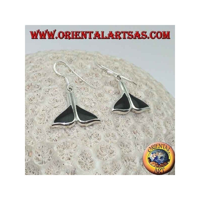 Silver earrings in the shape of a whale tail with onyx