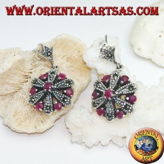 Daisy silver earrings with 6 +1 round and marcasite natural rubies