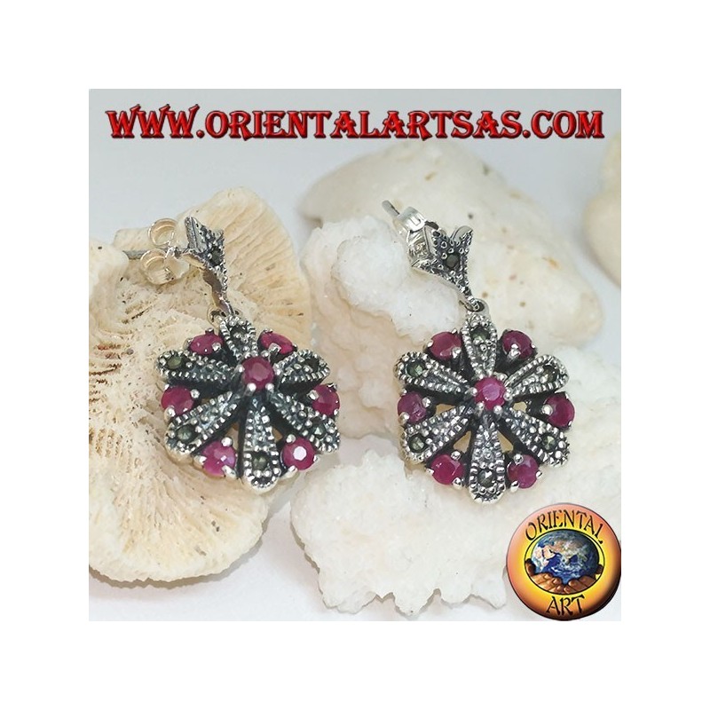 Boucles d'oreilles marguerite en argent avec 6 +1 rondes et rubis naturels de marcassite