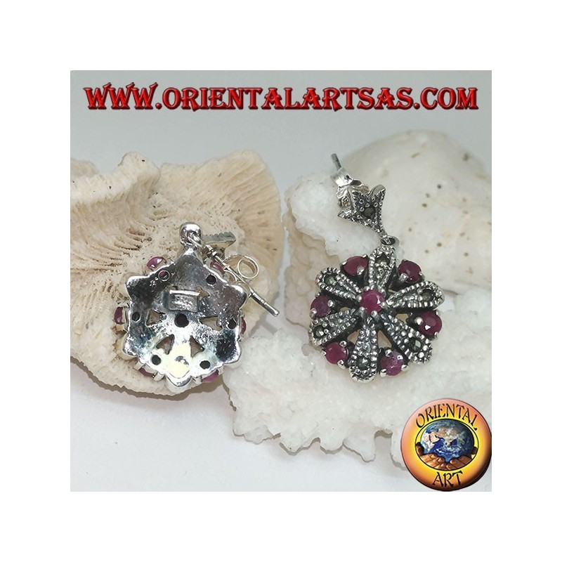 Boucles d'oreilles marguerite en argent avec 6 +1 rondes et rubis naturels de marcassite