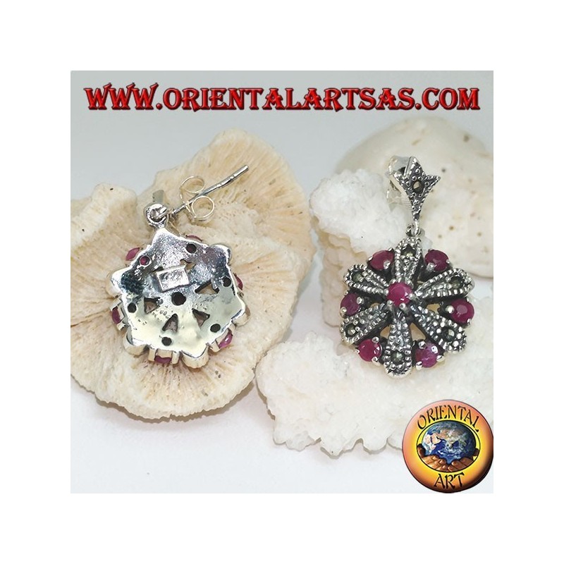 Daisy silver earrings with 6 +1 round and marcasite natural rubies