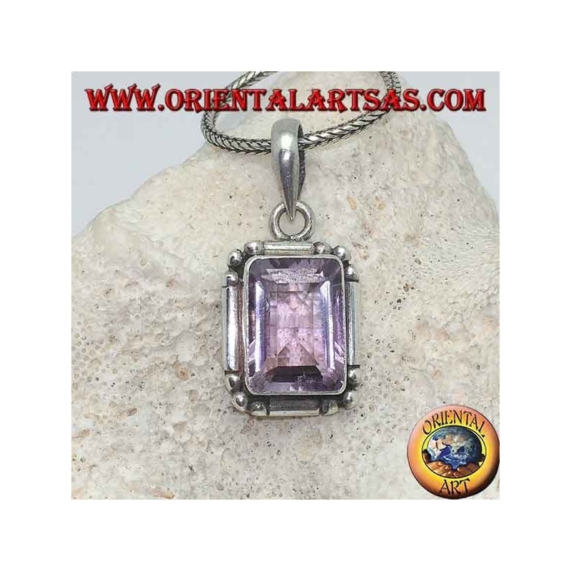 Silver pendant with a splendid natural rectangular amethyst on a simple frame with balls on the corners