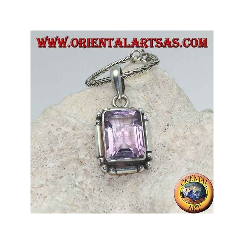Silver pendant with a splendid natural rectangular amethyst on a simple frame with balls on the corners