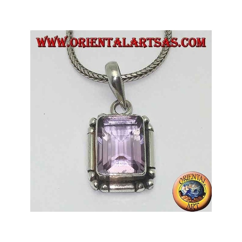 Silver pendant with a splendid natural rectangular amethyst on a simple frame with balls on the corners
