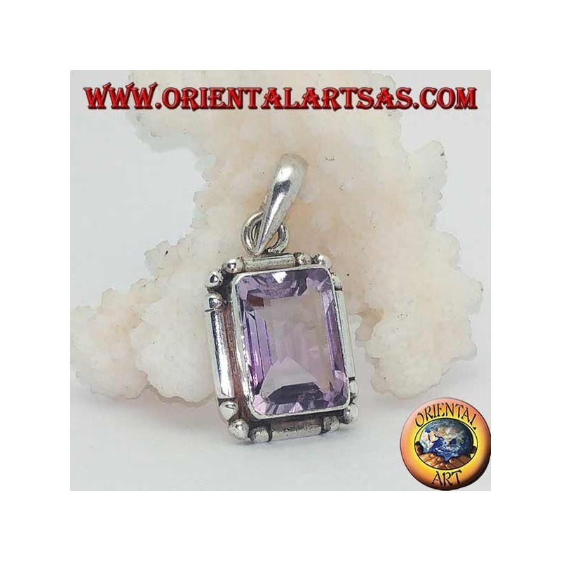 Silver pendant with a splendid natural rectangular amethyst on a simple frame with balls on the corners