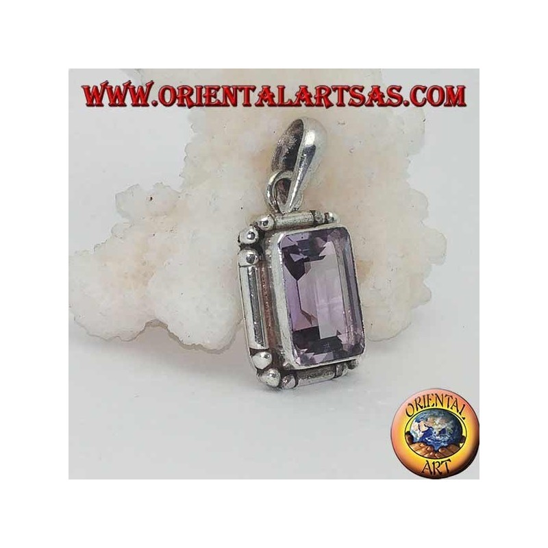 Silver pendant with a splendid natural rectangular amethyst on a simple frame with balls on the corners
