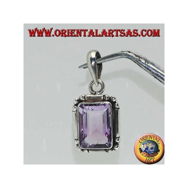 Silver pendant with a splendid natural rectangular amethyst on a simple frame with balls on the corners