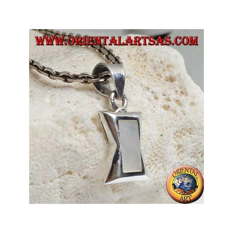 Silver pendant in the shape of a concave rectangle in the center with rectangular mother of pearl