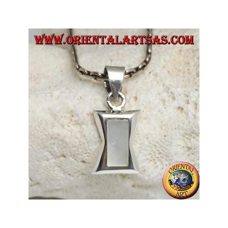 Silver pendant in the shape of a concave rectangle in the center with rectangular mother of pearl