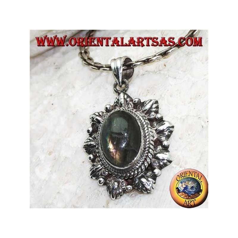 Silver pendant with oval cabochon labradorite surrounded by braid and leaf and alternating ball