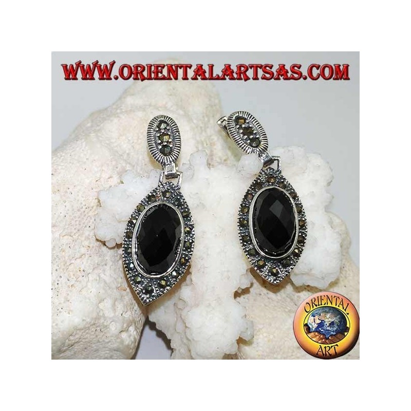 Silver earrings with oval faceted onyx surrounded by marcasite and lobe clasp