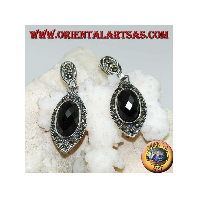 Silver earrings with oval faceted onyx surrounded by marcasite and lobe clasp