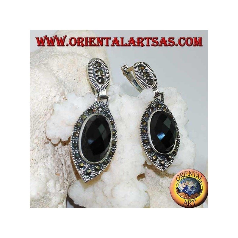 Silver earrings with oval faceted onyx surrounded by marcasite and lobe clasp