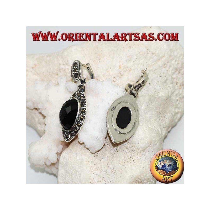 Silver earrings with oval faceted onyx surrounded by marcasite and lobe clasp